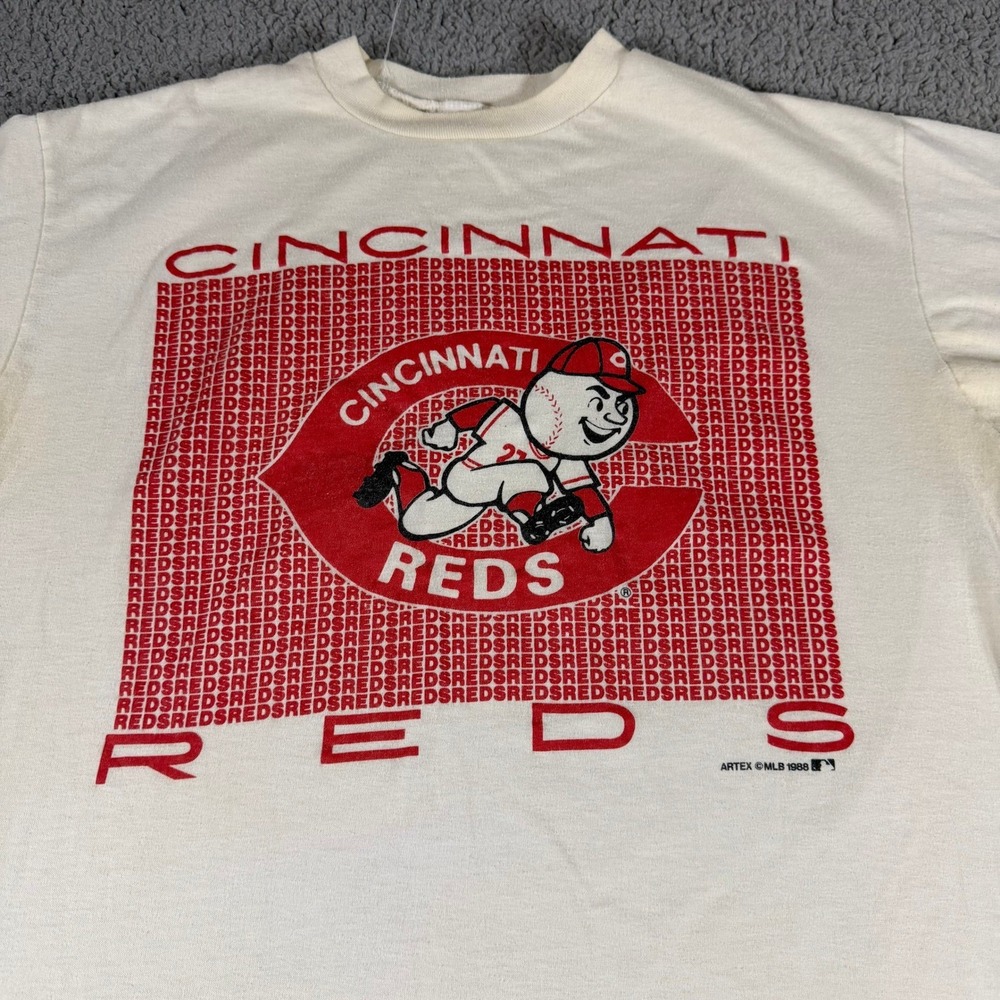 Vintage 1988 Cincinnati Reds Artex MLB T-Shirt Mens XL Cream Mr Redlegs 80s Tee